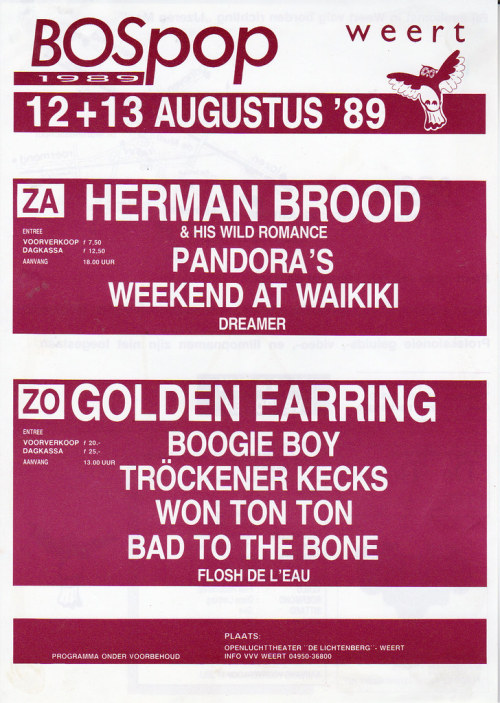 Bospop festival announcement with Golden Earring August 13 1989 Weert - Openlucht Theater de Bosuil